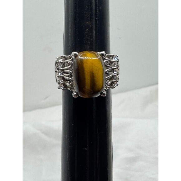 Vintage Karis Sterling Silver Tigers Eye Ring Gemstone Size 6.5 Signed - Picture 1 of 7